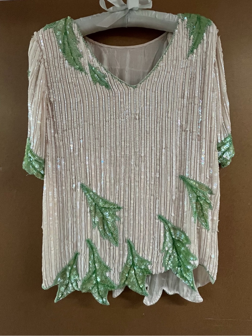 Vintage Ivory Beaded Top with Green Sequin Leaf Accents